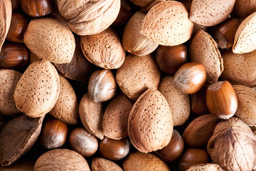 Mixed nuts on a wooden background