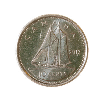  Coin Dime Canada Isolated On A White Background. Top View.