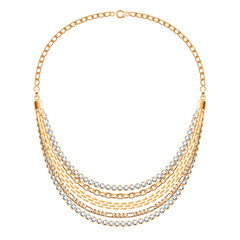 Many chains golden metallic necklace with diamonds.