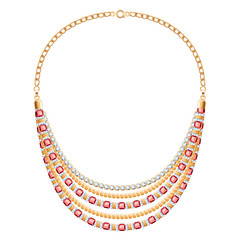 Many chains golden metallic necklace with diamonds and rubies.