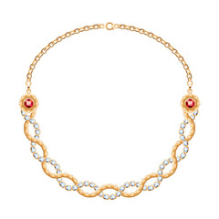 Fototapeta premium Twisted chains golden metallic necklace with diamonds and rubies