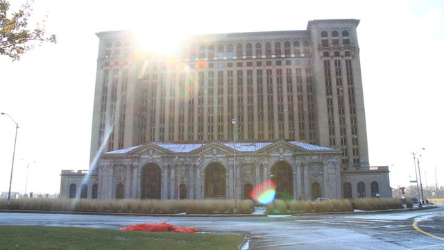 Michigan Central Station Detroit Time Lapse. The abandoned Michigan Central Station in Detroit, Michigan on a winter afternoon. Shot in time lapse.