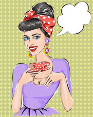 Pop Art illustration woman with morning cup of tea. Pin-up girl speech bubble.  Fashion, sexy wife