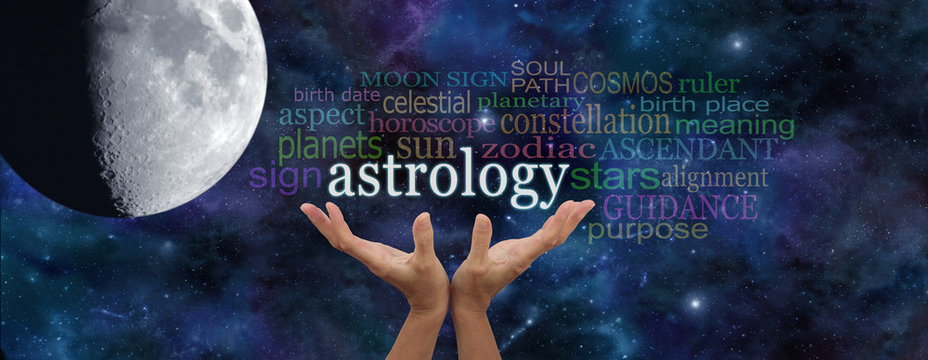 It is written in the Stars - Astrology Banner - deep space dark blue background with a large moon on left and a pair of female hands reaching up to the word ASTROLOGY surrounded by a word cloud