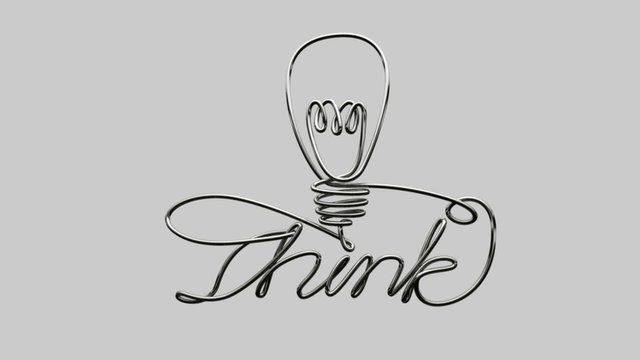 an animated  wire growing into the twisted word think and a simple lightbulb shape on an isolated background with alpha channel