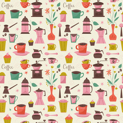 Seamless pattern with coffee cups and coffee grinder. Vector ill