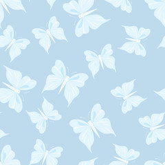 Fototapeta premium Seamless pattern with butterflies. Summer background. Vintage texture. Blue backdrop. Vector illustration.