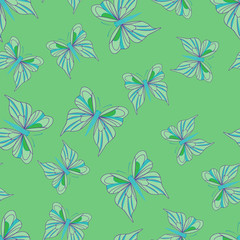 Fototapeta na wymiar Seamless pattern with butterflies. Summer background. Vintage texture. Green backdrop. Vector illustration.