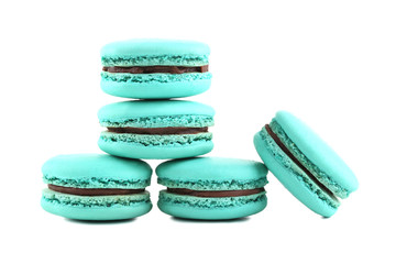 Tasty blue macarons isolated on white