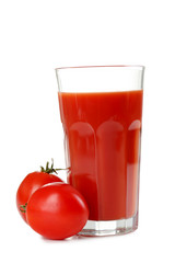 Fresh red tomatoes and tomato juice in glass isolated on white