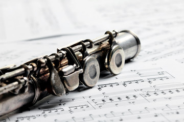 Obraz premium Old rusty silver flute on music notes