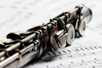 Obraz premium Old rusty silver flute on music notes