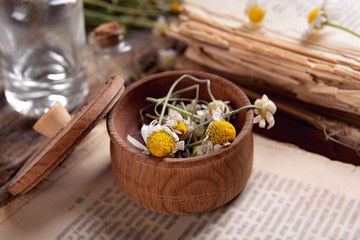 Old book with dry flowers in mortar on table close up