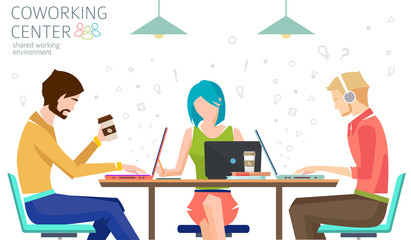 Concept of the coworking center. Business meeting. Shared working environment. People talking and working  at the computers in the open space office. Flat design style.  - 94296699