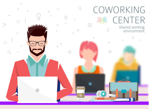 Concept of the coworking center. Shared working environment. People talking and working  at the computers in the open space office. Flat design style. 