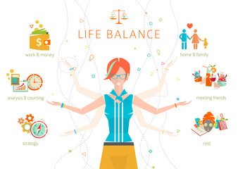 Concept of work and life balance / dividing of human energy between important life spheres / Vector illustration.  - 94296839