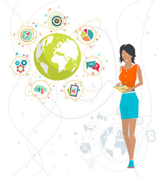 Global business concept. Communication in the global networks. Multitasking in business. Long-distance administration and management. Concept of social media network.  Vector illustration.