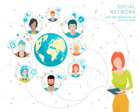 Global business concept. Communication in the global networks. Multitasking in business. Long-distance administration and management. Concept of social media network.  Vector illustration.