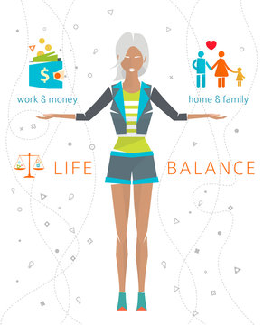Concept of work and life balance / dividing of human energy between important life spheres / Vector illustration. 
