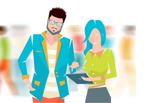 Concept of meeting and discussion between young people on the blurred background. Vector flat illustration.