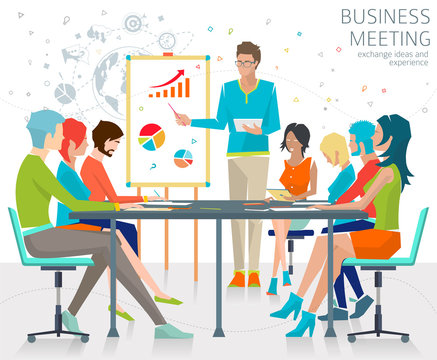 Concept of business meeting / exchange ideas and experience / coworking people / collaboration and discussion / vector illustration