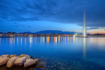 Geneva panorama with famous fountain, Switzerland, HDR