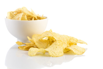 Prepared potato chips snack closeup view