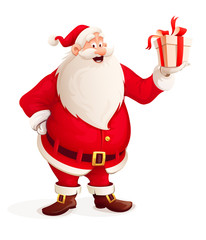 Merry Santa Claus with Christmas gift in hand. Eps10 vector