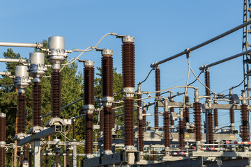 Electric substation tower for generating energy with sky backgro