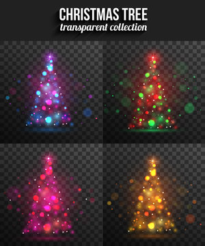 Set of transparent shining christmas trees for holiday design.