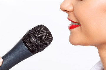 Agreeable TV announcer being involved in work 