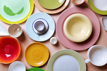 Set of colourful plates on the table