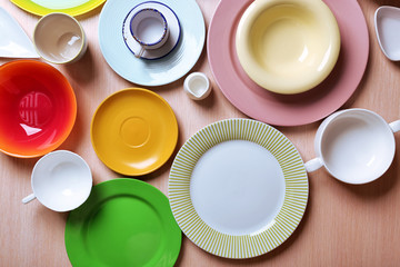 Set of colourful plates on the table