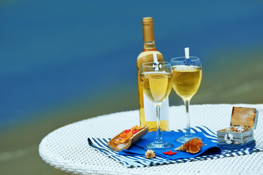 Served table on sea background