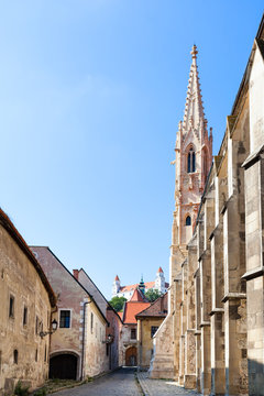 Farska street and Castle on hill in Bratislava