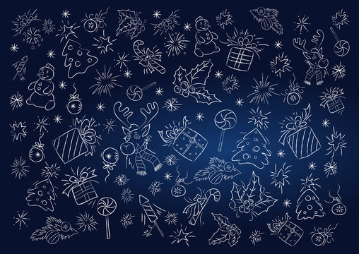 Vector background with white outlines of Christmas objects.