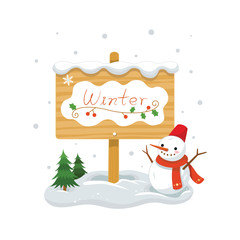 Winter Wooden sign with Snowman.White Background