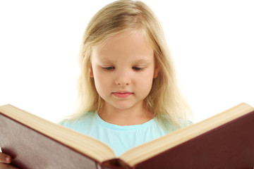 Beautiful little girl with book, isolated on white