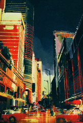 colorful painting of city street with office buildings,illustration
