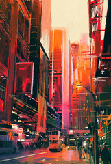 Panele Szklane  kolorowe malowanie ulicy miasta z biurowcami, ilustracja