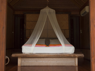 Tropical bed with mosquito netting