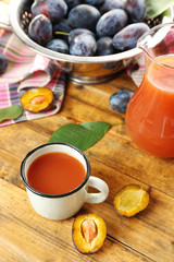 Plum Juice in jar and mug with fresh fruits