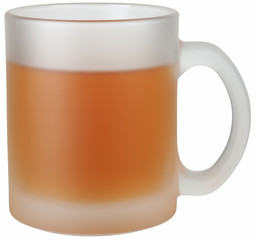 Mug of tea. Mug made of frosted glass. Object isolated on white background without shadows.
