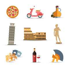 Set of Italy isolated travel colorful flat icons.