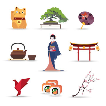 Set of Japan isolated travel colorful flat icons.