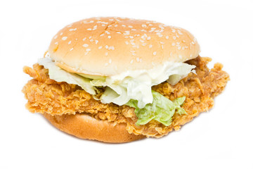 Crisp chicken burger with lettuce isolated on white.