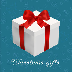 Greeting card - white box with red bow on the blue  christmas background