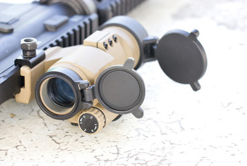 Close up of sniperscope of a gun.