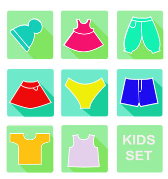 Colorful kids set icons with long shadow.