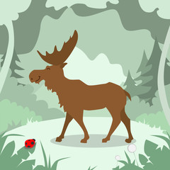 Cartoon Elk Green Forest Colorful Flat Retro